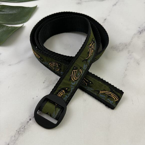 Bison Design Vintage 90s Mens Belt Size L Black Green Fish Print Outdoor - Picture 1 of 4